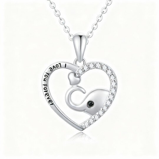 Halskette mit Elefanten- und Herzanhänger aus 10-karätigem Weißgold mit Zirkonia und eingraviertem Wort