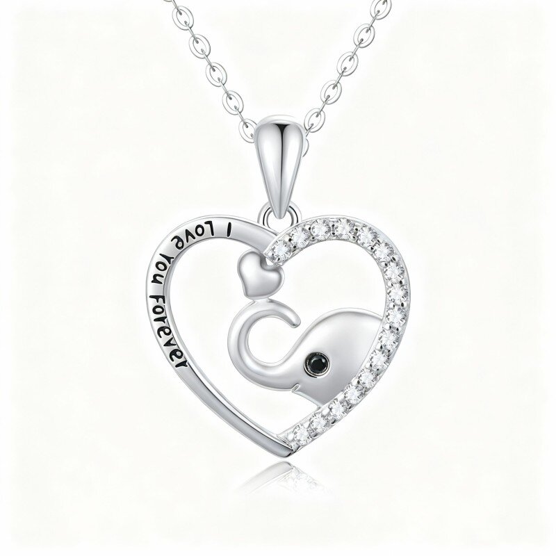 Colar com pendente de elefante e coração em ouro branco 10K com zircónias cúbicas e palavra gravada.-10