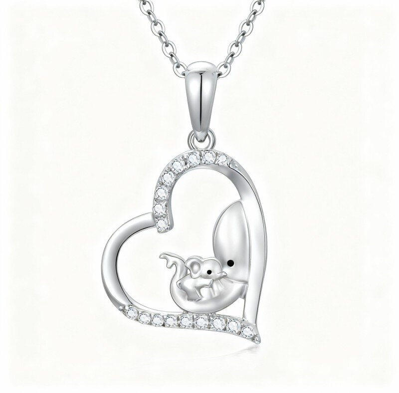 10K White Gold Cubic Zirconia Elephant & Heart Pendant Necklace-2
