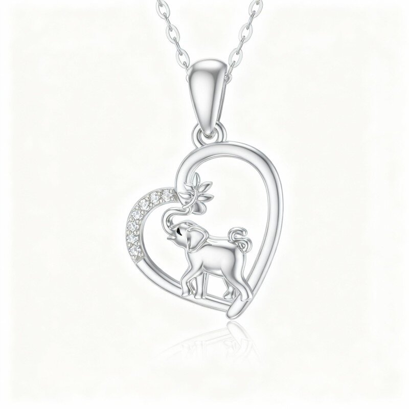 10K White Gold Cubic Zirconia Elephant & Heart Pendant Necklace-5