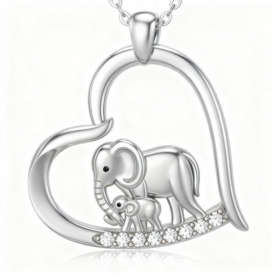 10K White Gold Cubic Zirconia Elephant & Heart Pendant Necklace