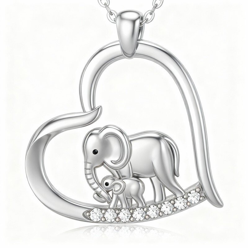 10K White Gold Cubic Zirconia Elephant & Heart Pendant Necklace-1
