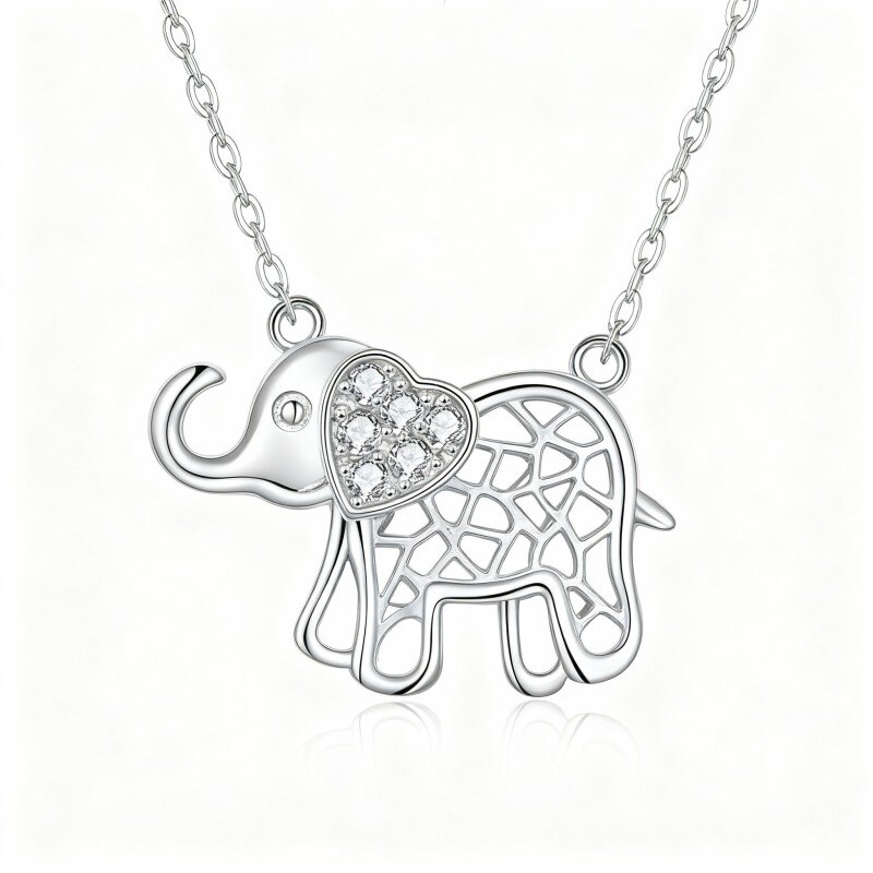 18K White Gold Cubic Zirconia Elephant & Heart Pendant Necklace-1