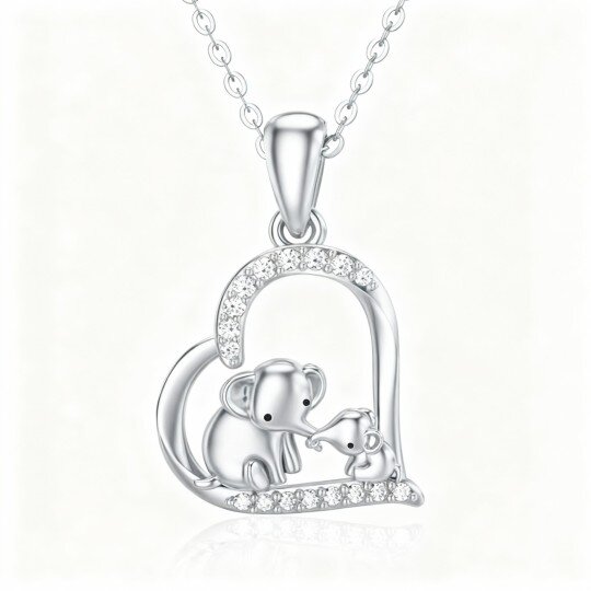 Colar com pendente de elefante, pais, filhos e coração em ouro branco 10K com zircónias cúbicas