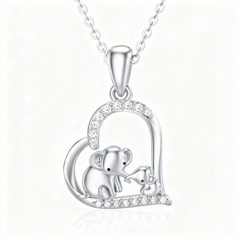Collar con colgante de elefante, padres, hijos y corazón en oro blanco de 10 quilates con circonitas cúbicas-6