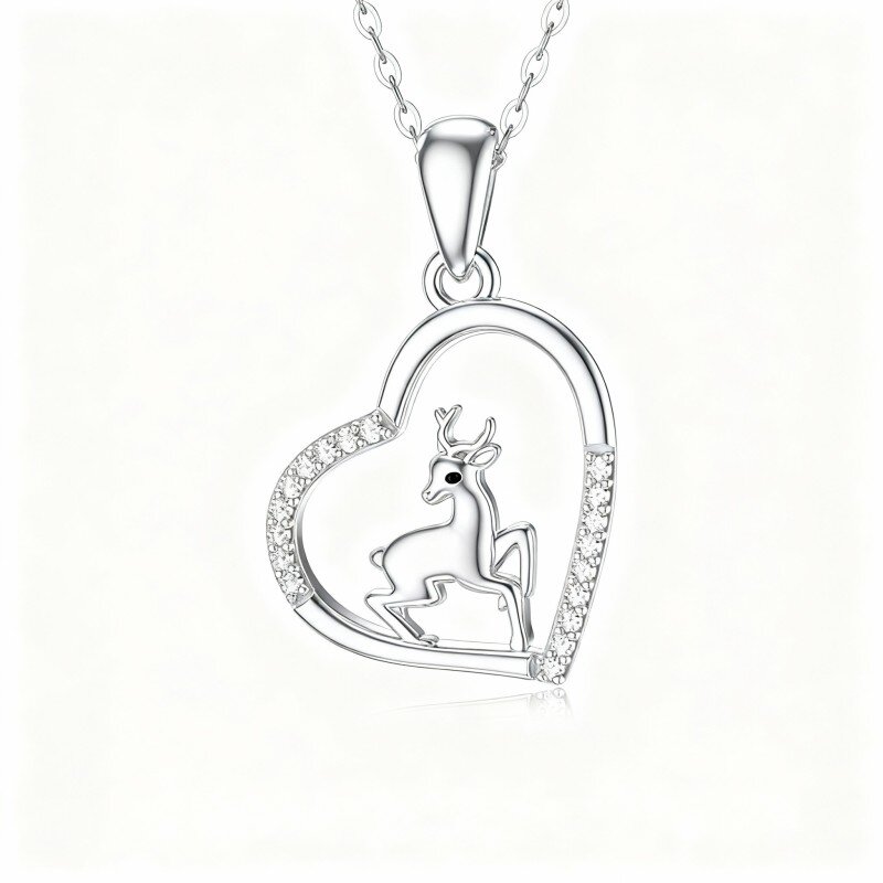 Colar com pendente de alce e coração em ouro branco 10K com zircónias cúbicas-14