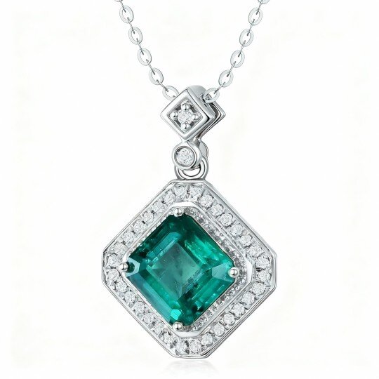 10K White Gold Emerald Couple & Square Pendant Necklace
