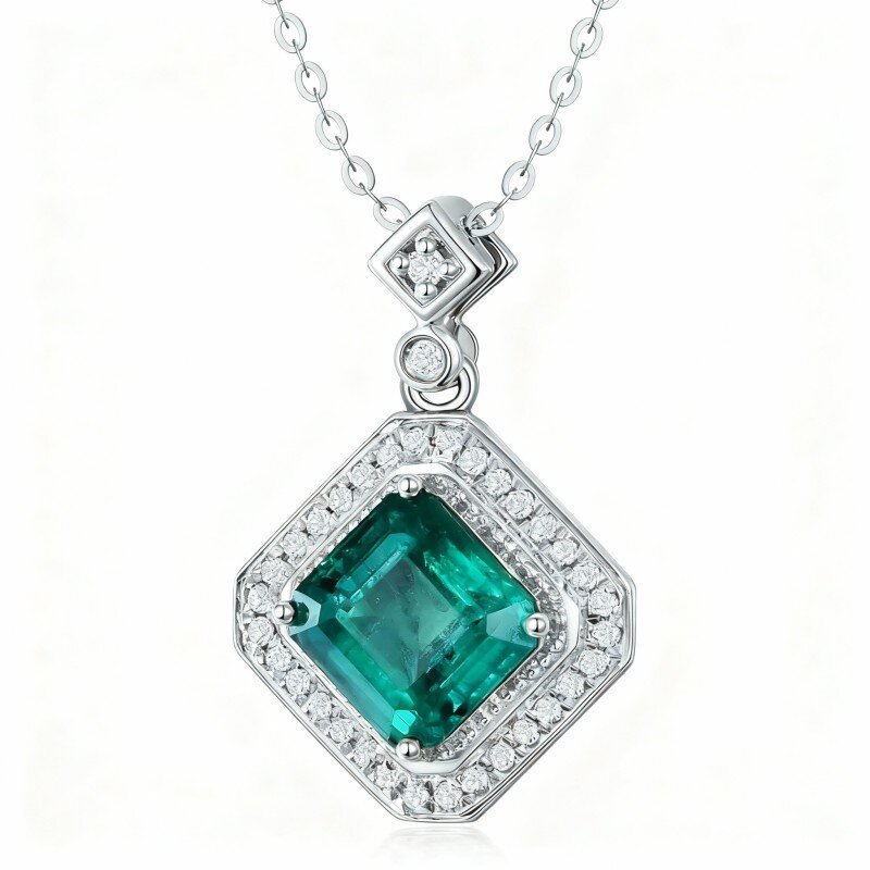 10K White Gold Emerald Couple & Square Pendant Necklace-1