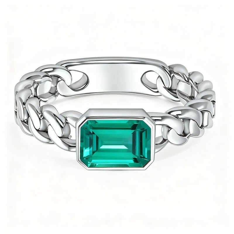 10K White Gold Emerald Cut Emerald Couple Wedding Ring-17