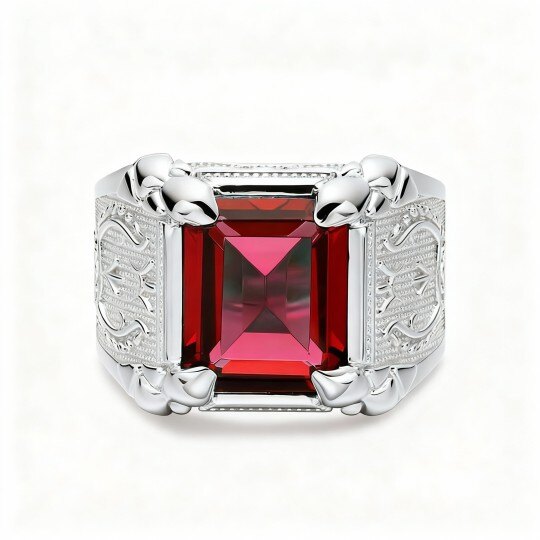 Anillo personalizado para hombre en oro blanco de 10 quilates con corte esmeralda.