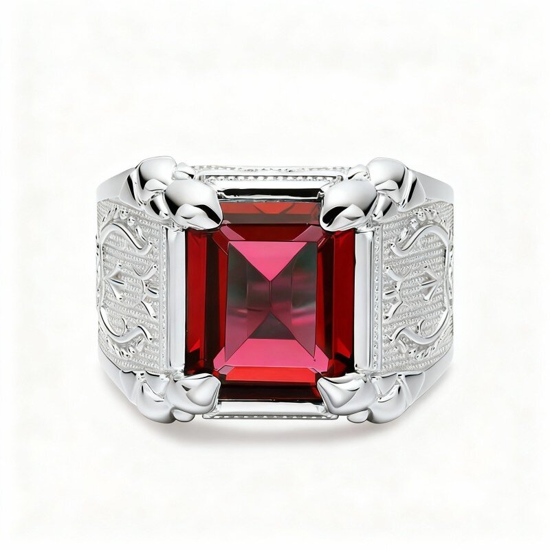 Anel personalizado para homem em ouro branco 10K com corte esmeralda.-18