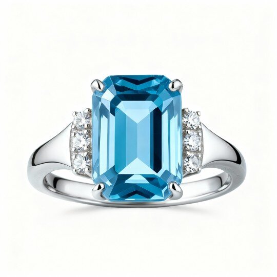 Anillo de compromiso de oro blanco de 10 quilates con corte esmeralda