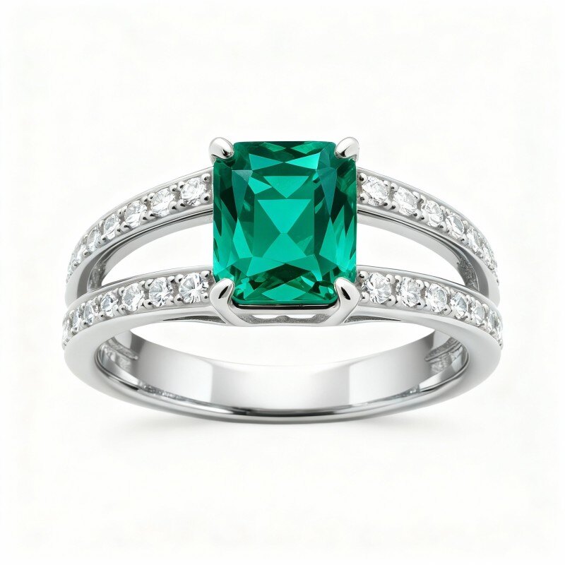 Pierścionek zaręczynowy z białego złota próby 10K ze szlifem szmaragdowym-4