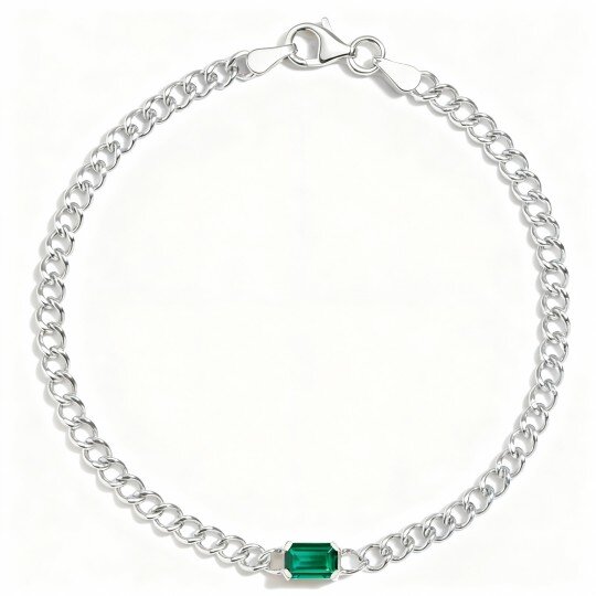 10K White Gold Emerald Cut Lab Created Emerald Couple Curb Chain Bracelet