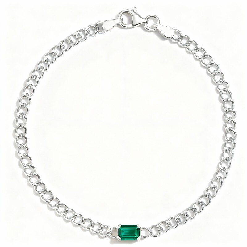 10K White Gold Emerald Cut Lab Created Emerald Couple Curb Chain Bracelet-1