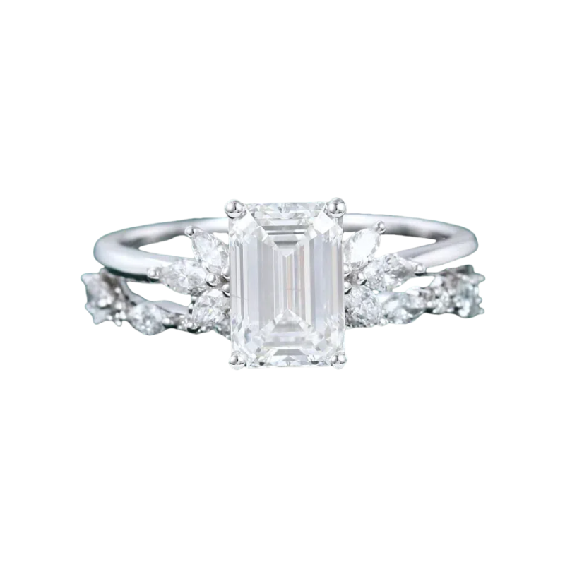 Platinum with White Gold Plated Emerald Cut Moissanite Couple Bridal Set-1