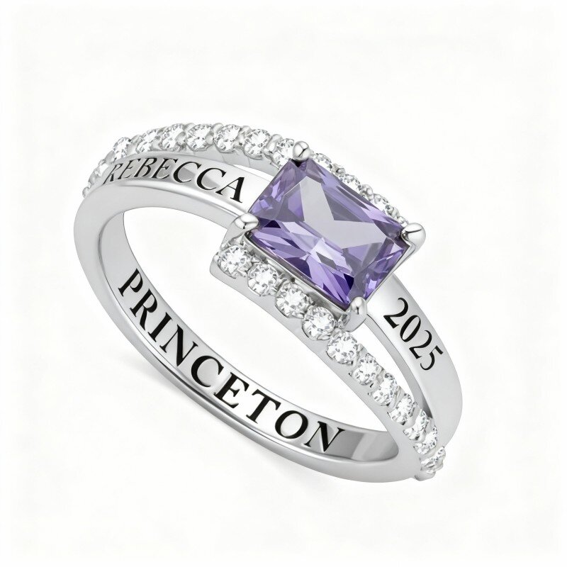 10K White Gold Emerald Cut Personalized Birthstone & Personalized Classic Name & Personalized Engraving Ring-1