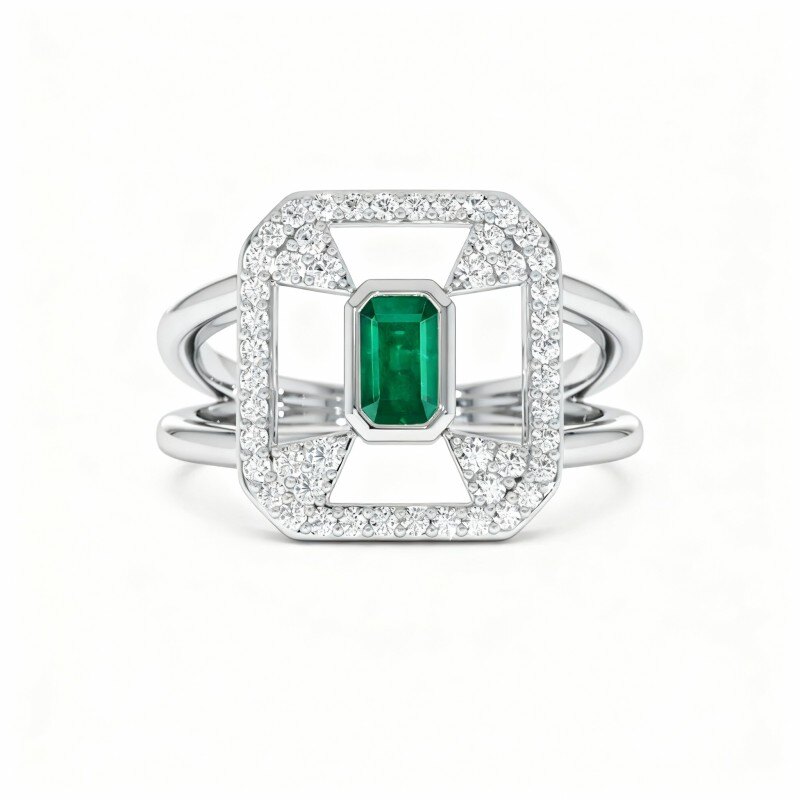 Pierścionek ze szmaragdem w szlifie białego złota próby 10K-7