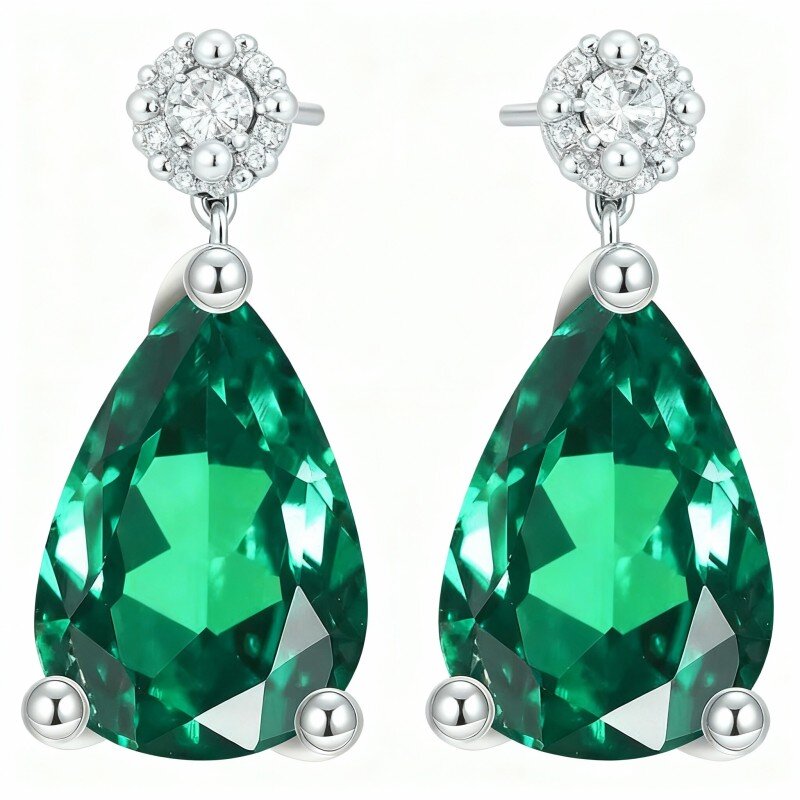 أقراط من الذهب الأبيض عيار 10 قيراط مرصعة بالزمرد على شكل قطرة-1