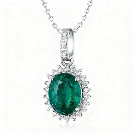 10K White Gold Emerald Oval Shaped Pendant Necklace