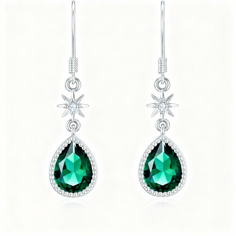 10K White Gold Emerald Star Drop Earrings-1