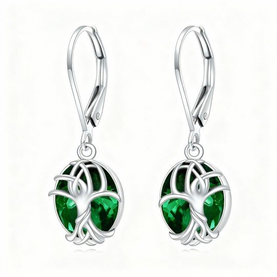 10K White Gold Emerald Tree Of Life Drop Earrings