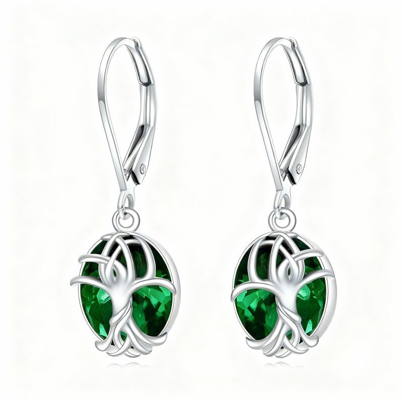 10K White Gold Emerald Tree Of Life Drop Earrings-14