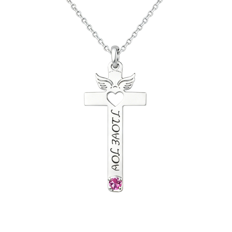 Collar con colgante de ángel y cruz, grabado, de oro blanco de 10 quilates, con circonitas cúbicas.-1