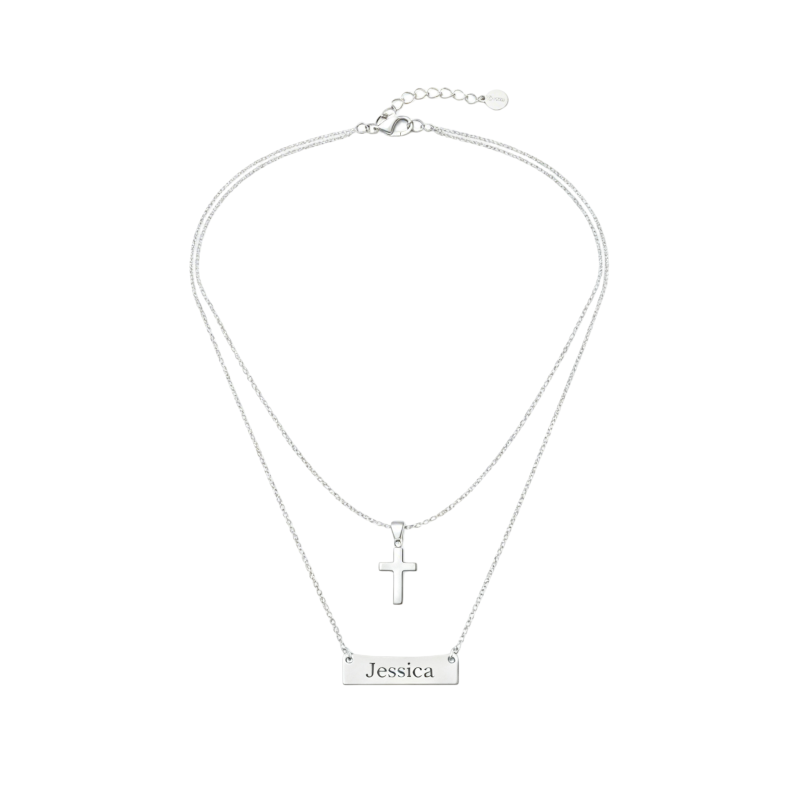 Collar de capas con cruz y grabado en oro blanco de 10 quilates-1
