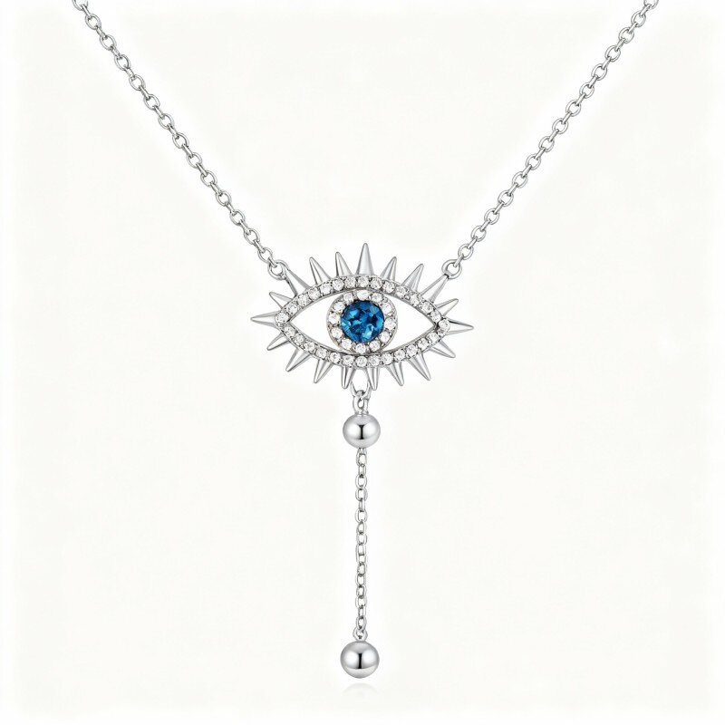 10K White Gold Cubic Zirconia Evil Eye Adjustable Y Necklace-15