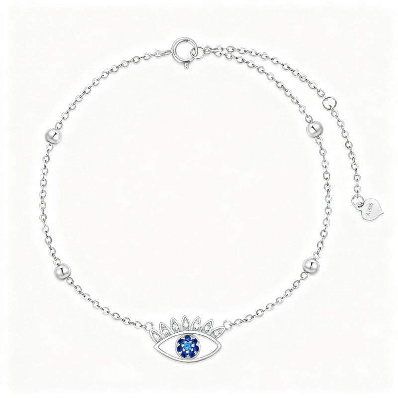 10K White Gold Cubic Zirconia Evil Eye Charm Bracelet-1