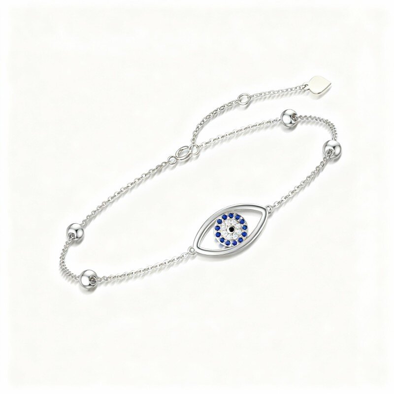 10K White Gold Cubic Zirconia Evil Eye Charm Bracelet-4