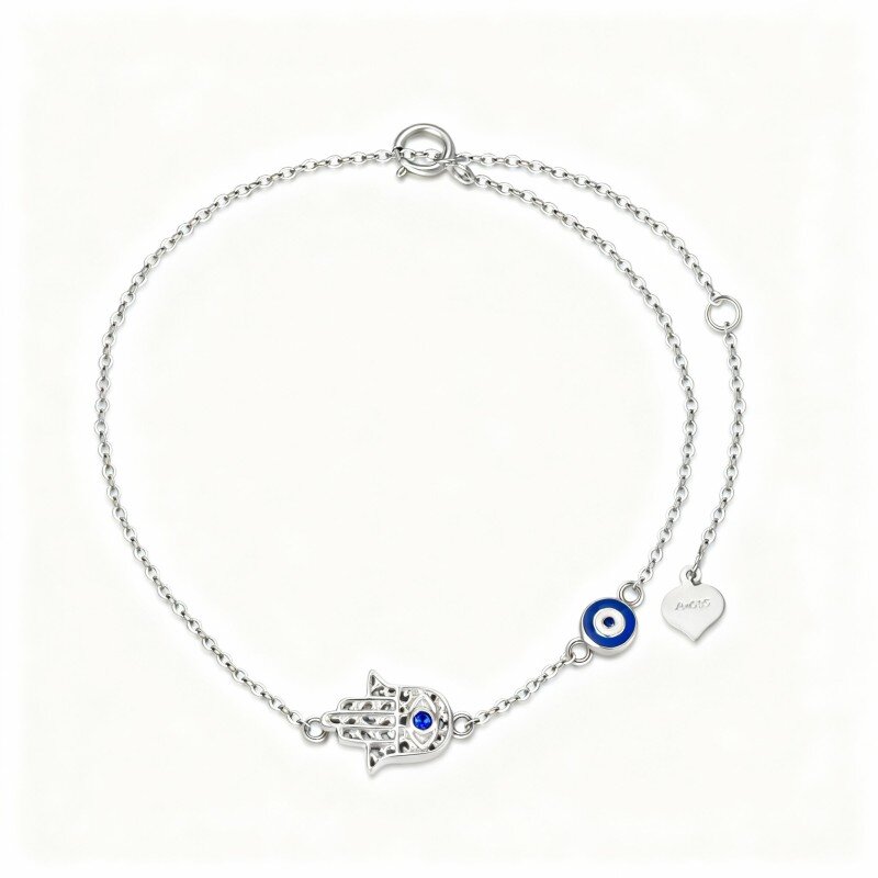 Pulsera con dije de ojo turco y mano de Fátima en oro blanco de 10 quilates con circonitas cúbicas-3