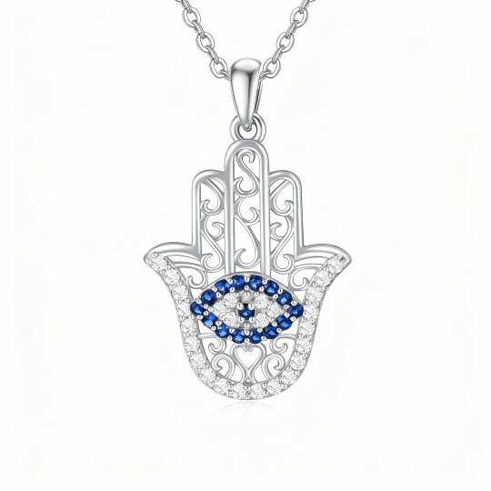 Colar com pendente de olho grego e mão de Hamsa em ouro branco de 10 quilates com zircónias cúbicas
