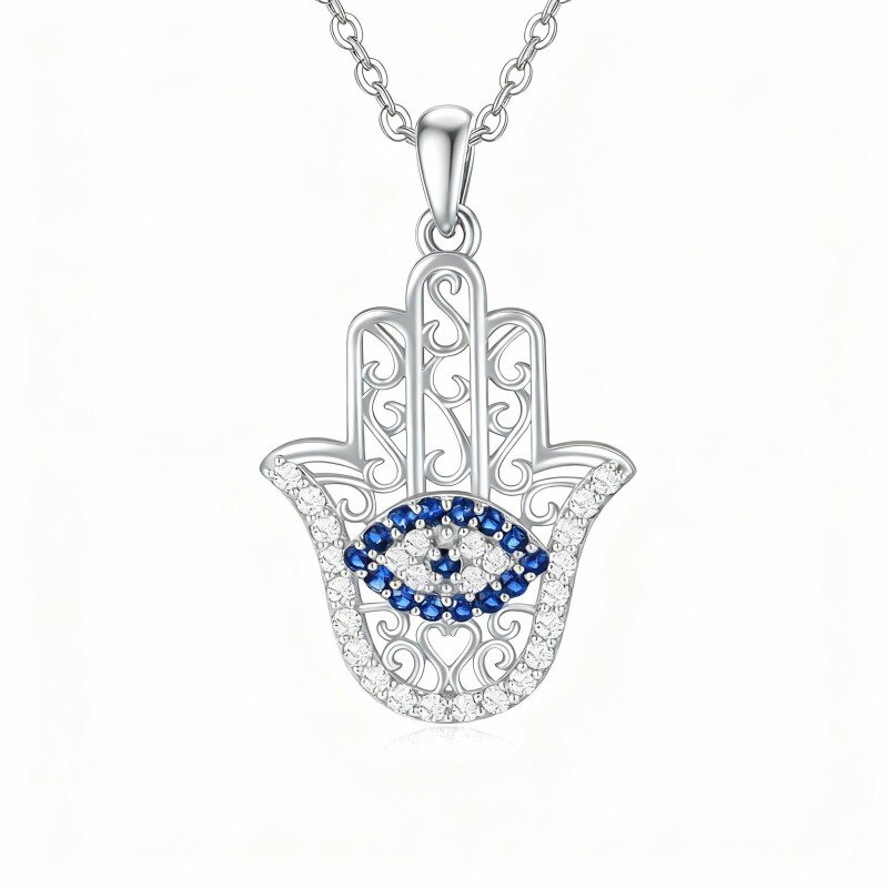 Colar com pendente de olho grego e mão de Hamsa em ouro branco de 10 quilates com zircónias cúbicas-8