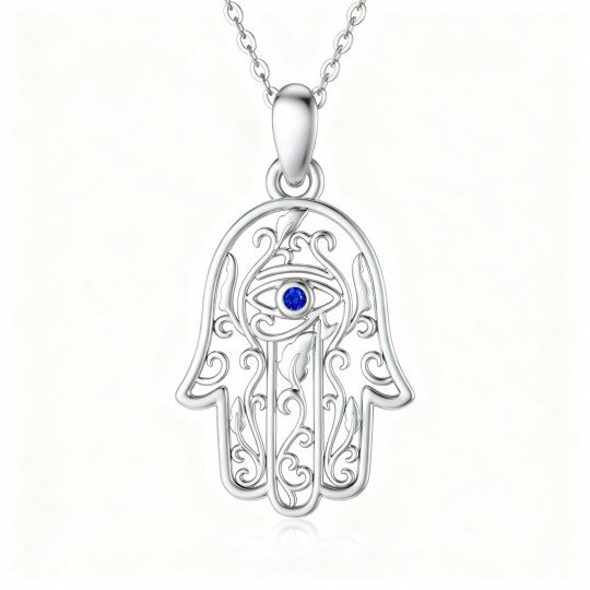 Colar com pendente de olho grego e mão de Hamsa em ouro branco de 10 quilates com zircónias cúbicas
