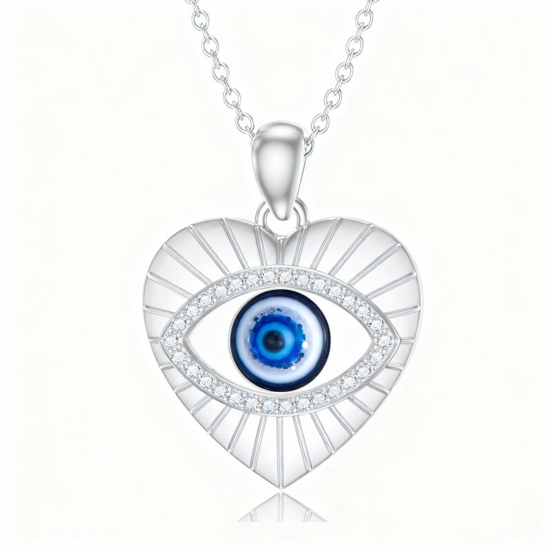 10K White Gold Cubic Zirconia Evil Eye & Heart Pendant Necklace-7
