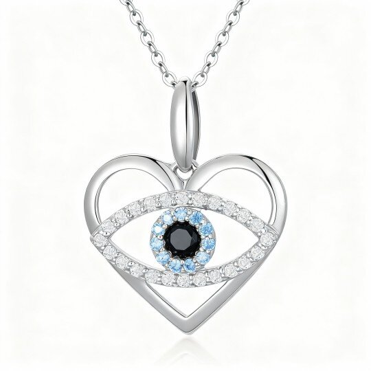 Colar com pendente de olho grego e coração em ouro branco 10K com zircónias cúbicas