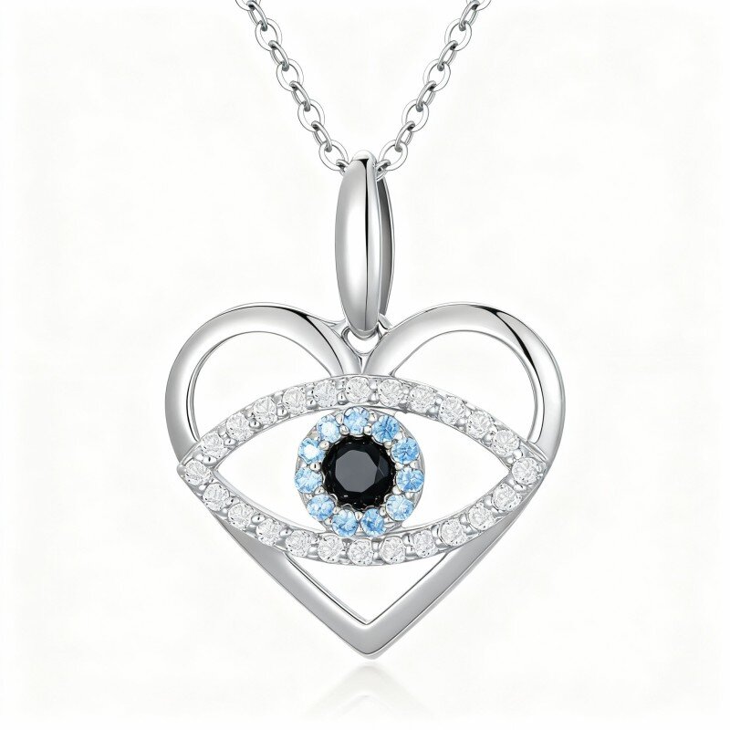 Colar com pendente de olho grego e coração em ouro branco 10K com zircónias cúbicas-13