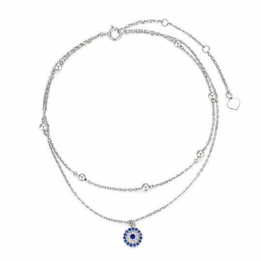 10K White Gold Cubic Zirconia Evil Eye Multi-layered Charm Anklet