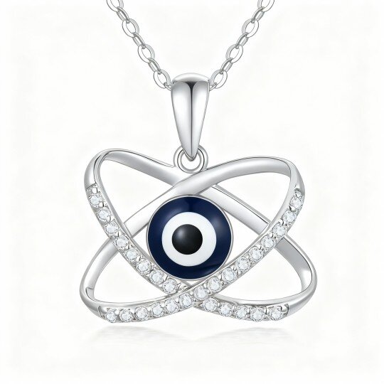 Colar com pendente olho grego em ouro branco 10K com zircónias cúbicas