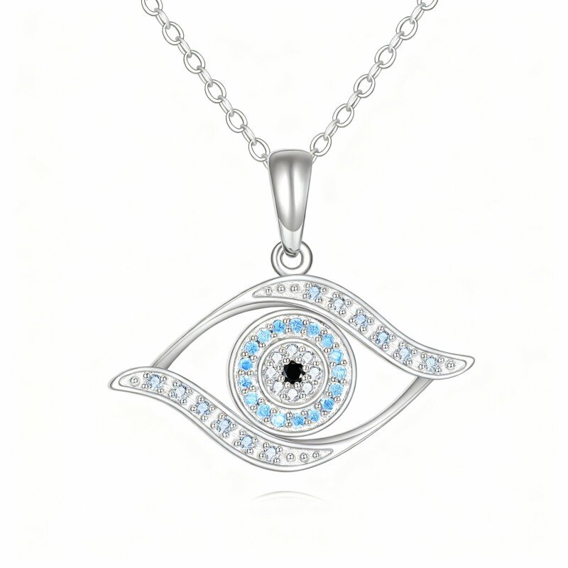 10K White Gold Cubic Zirconia Evil Eye Pendant Necklace-1