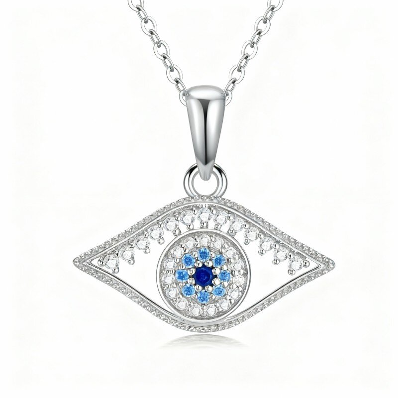 10K White Gold Cubic Zirconia Evil Eye Pendant Necklace-2