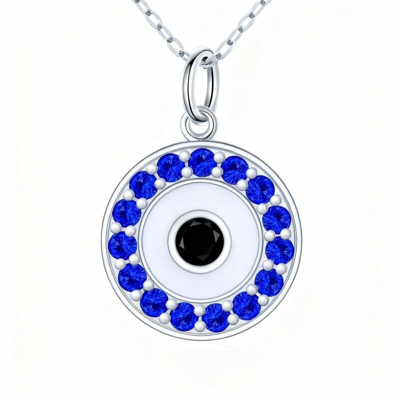 Colar com pendente olho grego em ouro branco 10K com zircónias cúbicas-1