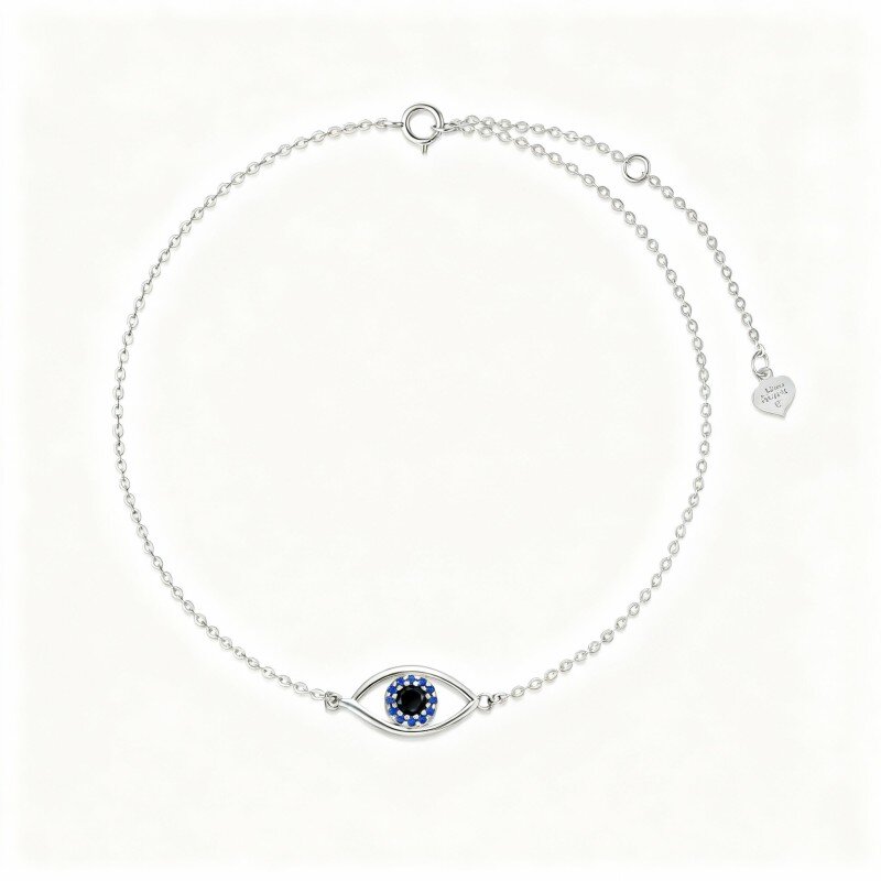 10K White Gold Cubic Zirconia Evil Eye Single Layer Charm Anklet-20