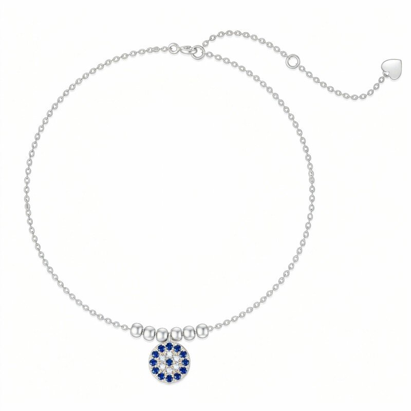 10K White Gold Cubic Zirconia Evil Eye Single Layer Charm Anklet-1