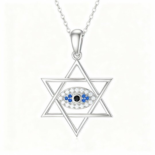 Colar com pendente Olho Grego e Estrela de David em ouro branco 10K com zircónias cúbicas