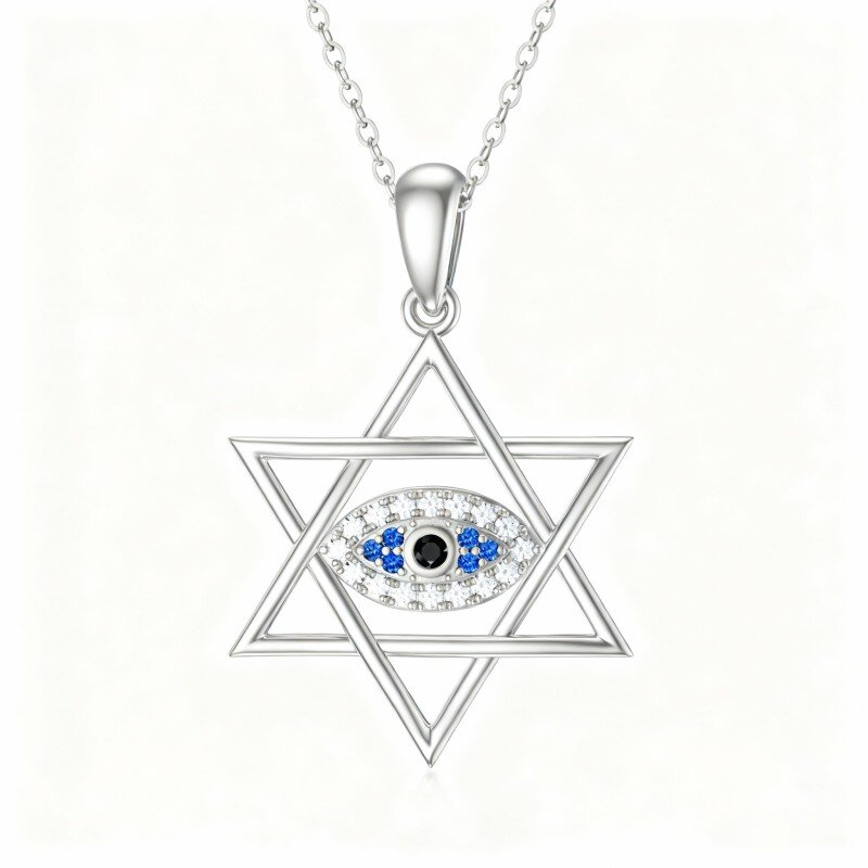 Colar com pendente Olho Grego e Estrela de David em ouro branco 10K com zircónias cúbicas-10