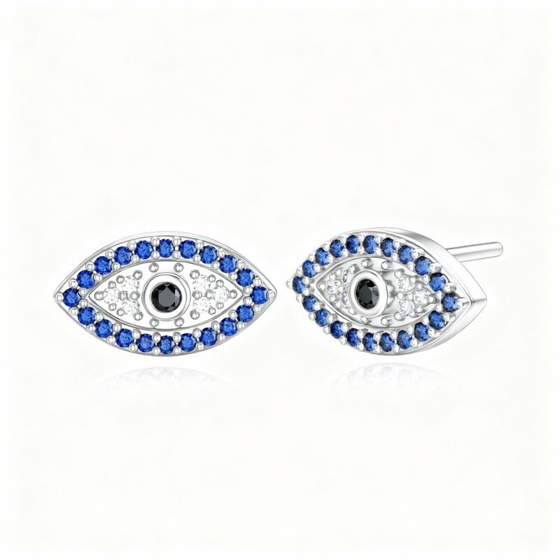 9K White Gold Cubic Zirconia Evil Eye Stud Earrings-3