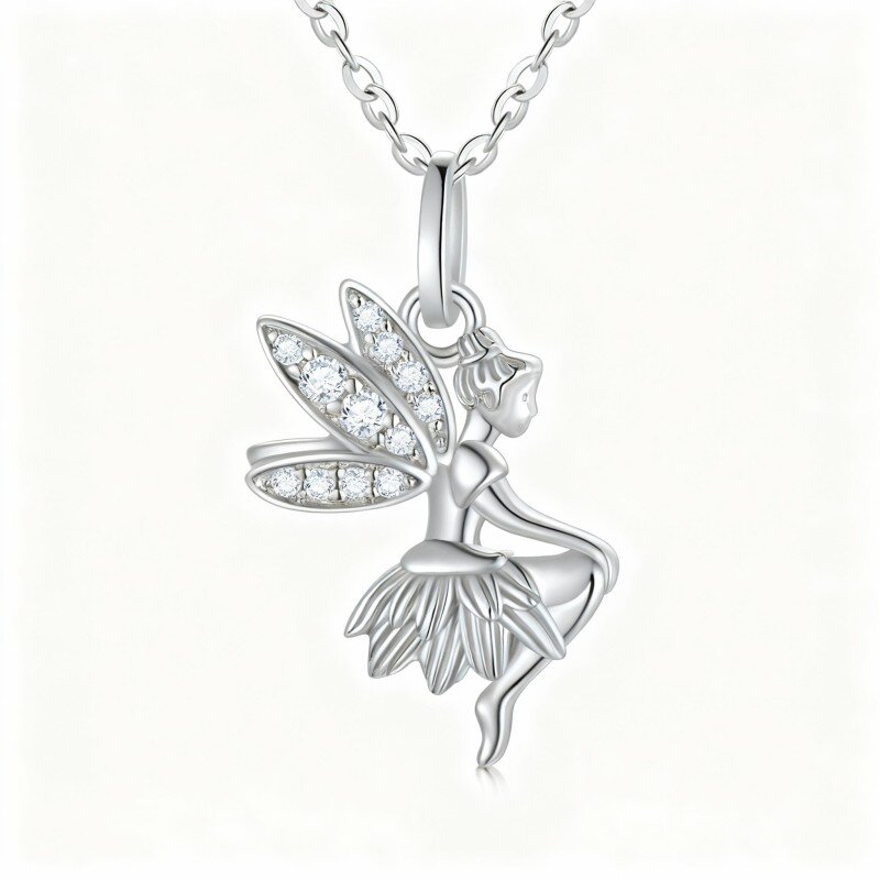 9K White Gold Cubic Zirconia Fairy Pendant Necklace-15